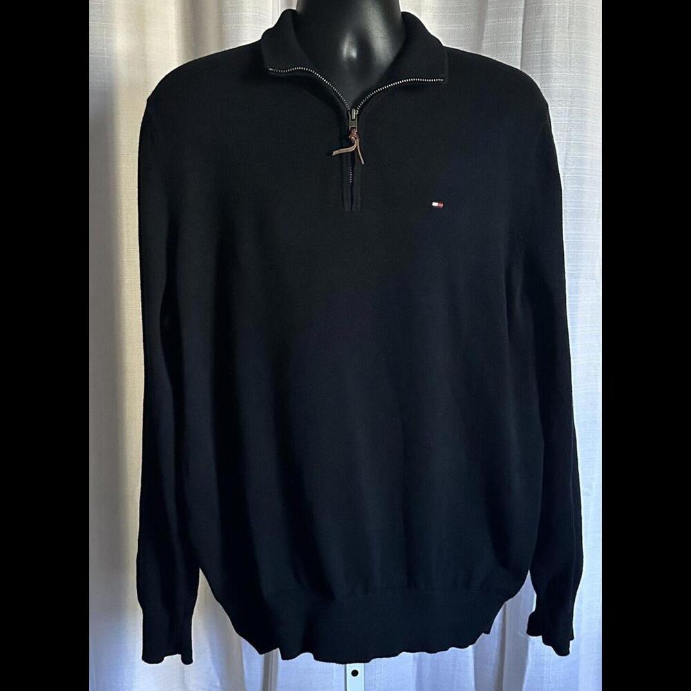 Tommy Hilfiger 1/4 Zip Sweater Men's XL Black Pullover Long Sleeve Cotton